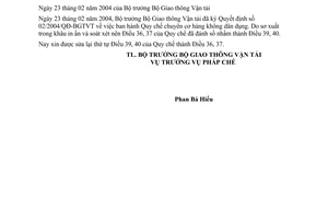 Công văn  925/BGTVT-PC  đính chính QĐ 02/2004/QĐ-BGTVT chuyên cơ hàng không dân dụng