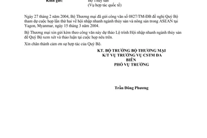 Công văn  0999/TM-ĐB dự thảo Lộ trình Hội nhập ngành nông sản và thuỷ sản ASEAN