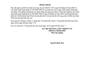 Công văn 1287/VPCP-KTTH đính chính NĐ149/2003/NĐ-CP quy định thi hành Luật Thuế tiêu thụ đặc biệt và Luật sửa đổi của Luật Thuế tiêu thụ đặc biệt