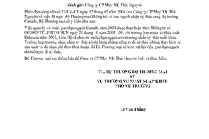 Công văn 1356/TM-XNK uỷ thác và nhận uỷ thác hạn ngạch xuất khẩu vào Canada