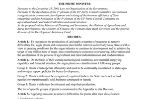 Decision No. 28/2004/QD-TTg, on reorganizing the production of, and applying a number of measures to remove difficulties for, sugar plants and companies, promulgated by the Prime Minister of Government