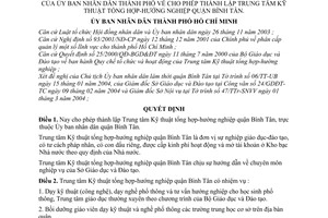 Quyết định 54/2004/QĐ-UB cho phép thành lập Trung tâm Kỹ thuật tổng hợp-hướng nghiệp quận Bình Tân