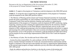 Decision No. 33/2004/QD-TTg of the Prime Minister of Government, approving the program on Vietnamese youth development in the 2004-2005 period