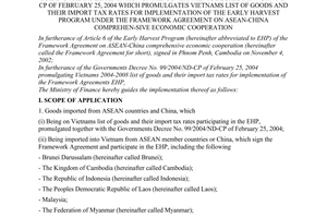 Circular No. 16/2004/TT-BTC of March 10th, 2004, guiding the implementation of the Government’s Decree No. 99/2004/ND-CP of February 25, 2004 which promulgates vietnams list of goods and their import tax rates for implementation of the early harvest program under the framework agreement on asean-china comprehen-sive economic cooperation