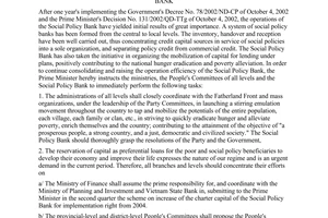 Directive No. 09/2004/CT-TTg of March 16, 2004, on raising operation capability and efficiency of the Social Policy Bank