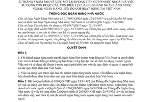 Quyết định 293/2004/QĐ-NHNN mở tài khoản tiền gửi nước ngoài,sử dụng vốn cấp,điều lệ chi nhánh ngân hàng nước ngoài,liên doanh Việt Nam
