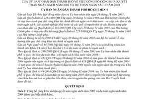 Quyết định 62/2004 /QĐ-UB công khai quyết toán ngân sách 2002 dự toán ngân sách 2004