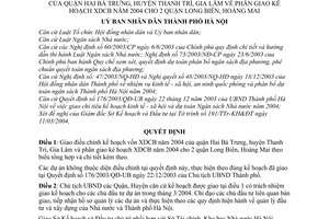 Quyết định 52/2004/QĐ-UB Điều chỉnh kế hoạch vốn XDCB 2004 quận Hai Bà Trưng,Thanh Trì, Gia Lâm phân giao kế hoạch XDCB 2004 Long Biên,Hoàng Mai