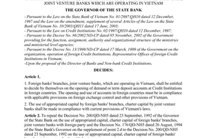 Decision No. 293/2004/QD-NHNN of March 22, 2004, on the opening of deposit accounts in foreign countries and the use of appropriated capital, charter capital of Foreign Banks' branches, joint venture banks which are operating in Vietnam