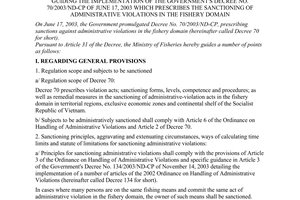 Circular No.02/2004/TT-BTS of March 22, 2004 guiding the implementation of The Government's Decree No. 70/2003/ND-CP of June 17, 2003 which prescribes the sanctioning of administrative violations in the fishery domain