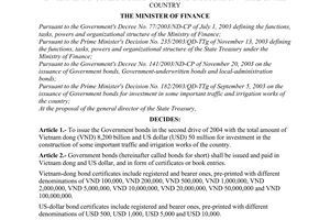 Decision No. 28/2004/QD-BTC of March 23, 2004 on the second-drive issuance of Government bonds in 2004 for investment in some important traffic and irrigation works of the country