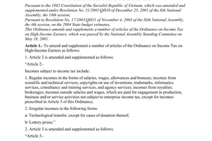 Ordinance No. 14/2004/PL-UBTVQH11 of March 24th, 2004, amending and supplementing a number of articles of the ordinance on income tax on high-income earners