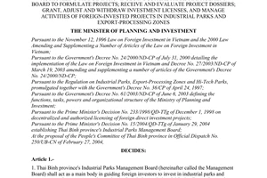 Decision No.305/2004/QD-BKH of March 26, 2004 authorizing Thai Binh Province's industrial parks management board to formulate projects; receive and evaluate project dossiers; grant, adjust and withdraw investment licenses, and manage activities of foreign-invested projects in industrial parks and export-processing zones