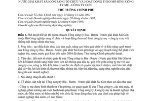 Quyết định 50/2004/QĐ-TTg chuyển Tổng công ty Bia - Rượu - Nước giải khát Sài Gòn sang tổ chức hoạt động mô hình công ty mẹ con