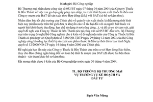 Công văn  1842/TM/KH-ĐT  gia hạn thời hạn tái xuất thiết bị sản xuất thuốc lá điếu