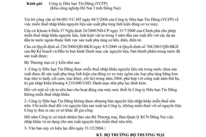 Công văn  1850 TM/KHĐT  miễn thuế nguyên liệu sản xuất linh kiện động cơ năm thứ ba sản xuất  2004