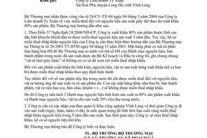 Công văn 1716 TM/KH-ĐT miễn thuế nhập khẩu  nguyên liệu sản xuất