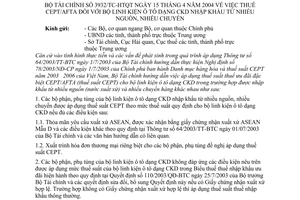 Công văn 3932/TC-HTQT thuế CEPT/AFTA bộ linh kiện ô tô dạng CKD nhập khẩu từ nhiều nguồn, nhiều chuyến