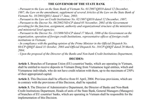 Decision No. 327/2004/QD-NHNN of April 1, 2004, on the adjustment of Vietnam dong deposit mobilization ratio for branches of EU countries' banks, which are operating in Vietnam