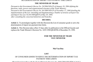 Decision No. 404/2004/QD-BTM of April 1, 2004 promulgating the list of consumer goods to serve the determination of import tax payment time limits