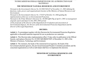 Decision No.03/2004/QD-BTNMT of April 2, 2004 promulgating the environmental protection regulation applicable to discarded materials imported for use as production raw materials