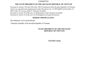 Order No. 04/2004/L-CTN of April 5, 2004, promulgating the Ordinance of The National Assembly Standing Committee on Livestock Breeds.