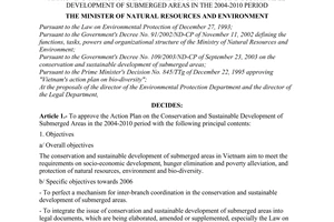 Decision No.04/2004/QD-BTNMT of April 5, 2004 approving the action plan on the conservation and sustainable development of submerged areas in the 2004-2010 period