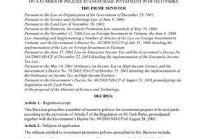 Decision No. 53/2004/QD-TTg of April 5, 2004 on a number of policies to encourage investment in hi-tech parks