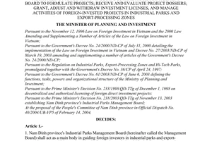 Decision No.322/2004/QD-BKH of April 5, 2004 authorizing Nam Dinh Province's industrial parks management board to formulate projects; receive and evaluate project dossiers; grant, adjust and withdraw investment licenses, and manage activities of foreign-invested projects in industrial parks and export-processing zones