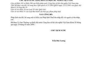 Lệnh công bố Pháp lệnh sửa đổi, bổ sung một số điều của Pháp lệnh Thuế thu nhập người có thu nhập cao 02/2004/L-CTN