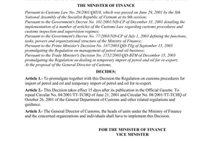 Decision No.30/2004/QD-BTC of April 6, 2004 promulgating the regulation on customs procedures for import of petrol and oil and temporary import of petrol and oil for re-export