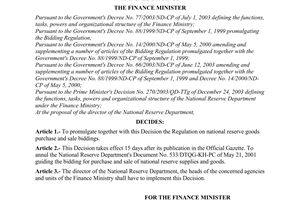 Decision No.31/2004/QD-BTC of April 6, 2004 promulgating the regulation on national reserve goods purchase and sale biddings