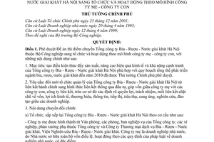 Quyết định 58/2004/QĐ-TTg chuyển Tổng công ty Bia - Rượu - Nước giải khát Hà Nội sang tổ chức hoạt động mô hình công ty mẹ con