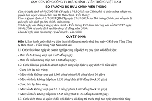 Quyết định 16/2004/QĐ-BBCVT  cước dịch vụ thông tin di động trả trước thuê bao ngày GSM của Tổng Công ty Bưu chính - Viễn thông Việt Nam