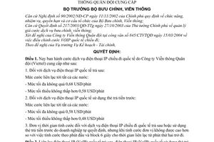 Quyết định 12/2004/QĐ-BBCVT cước dịch vụ điện thoại IP chiều đi quốc tế  Công ty Viễn thông Quân đội cung cấp