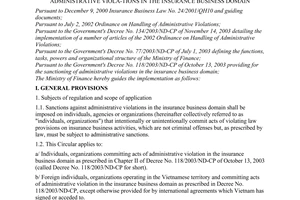Circular No. 31/2004/TT-BTC of April 12, 2004 guiding the implementation of The Government's Decree No. 118/2003/ND-CP of October 13, 2003 providing for the sanctioning of administrative viola-tions in the insurance business domain