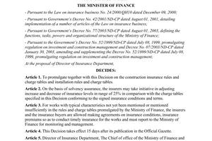 Decision No.33/2004/QD-BTC promulgating the construction and installation insurance rules and charge tables