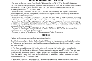 Decision No. 365/2004/QD-NHNN of April 13, 2004, on the lending to Vietnamese workers who go and work abroad