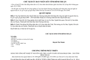 Quyết định 30/2004/QĐ.CT.UBBT phát triển thủ công mỹ nghệ từ tre lá gỗ gốc gỗ 2004-2010 Bình Thuận