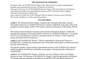Decision No. 05/2004/QD-BTS of April 20, 2004 on the establishment of The National Fisheries quality assurance and Veterinary Directorate - branch 1