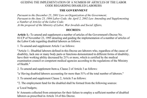 Decree of Government No.116/2004/ND-CP of April 23, 2004 amending and supplementing a number of articles of The Government's Decree No. 81/CP of November 23, 1995 detailing and guiding the implementation of a number of articles of the labor code regarding disabled laborers