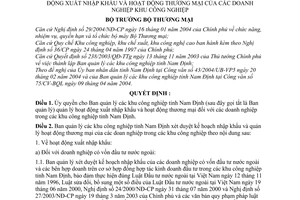 Quyết định 497/2004/QĐ-BTM ủy quyền BQL Khu công nghiệp Nam Định quản lý hoạt động XNK hoạt động thương mại doanh nghiệp