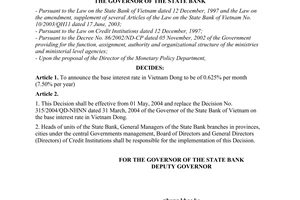 Decision No. 478/2004/QD-NHNN of April, 29, 2004, on the base interest rate in Vietnam dong