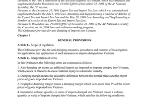 Ordinance No.20/2004/PL-UBTVQH11 of April 29, 2004 on anti-dumping of imports into Vietnam