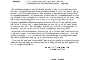 Công văn 601/CP-ĐMDN tiếp nhận và thực hiện nghĩa vụ tài chính của các DNNN sắp xếp lại  các tổ chức tín dụng