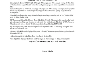 Công văn  2683/TM-XNK  nhập khẩu xe máy hai bánh gắn máy nguyên chiếc có xuất xứ từ EU