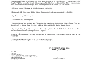 Công văn 726/CHHVN-PC Cấp giấy chứng nhận theo CLC 92