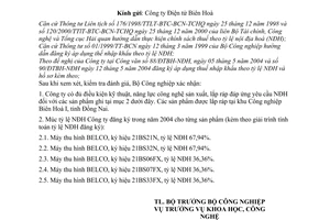 Công văn  2598/CV-KHCN ngày 27/05/2004  xác nhận điều kiện kỹ thuật, năng lực công nghệ sản xuất và tỷ lệ nội địa hoá