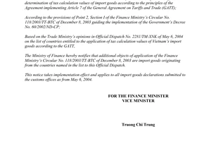 Official Dispatch No. 5312 TC/CST of May 19, 2004, re on objects of application of Circular No. 118/2003/TT-BTC