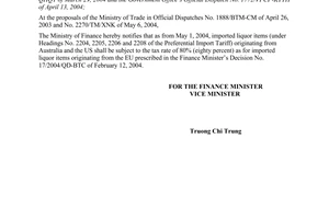 Official Dispatch No. 5327/TC/CST of May 19, 2004, re on import tax rate of liquor items originating from the US and Australia